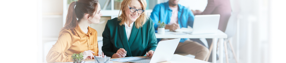 Two smiling women work together at a computer.
