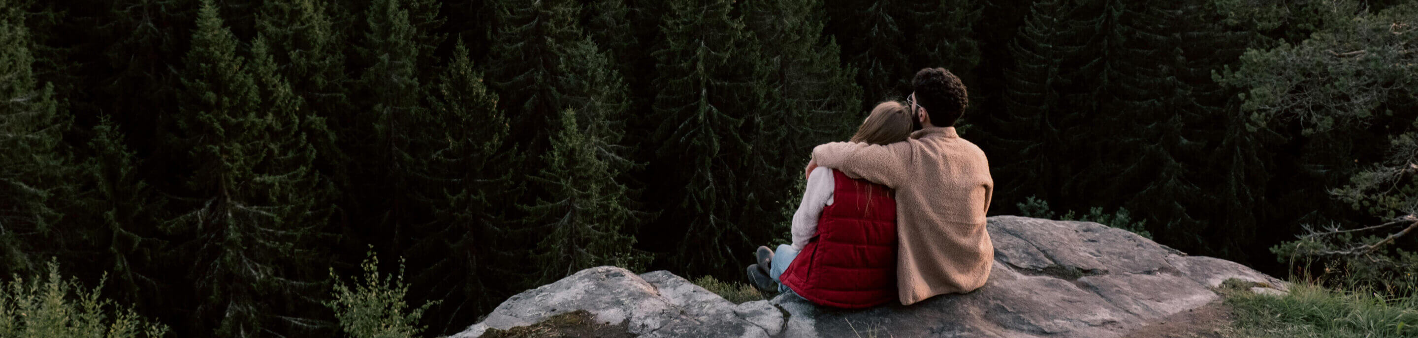 Couple embracing, sitting on a rock, contemplating a leafy forest.